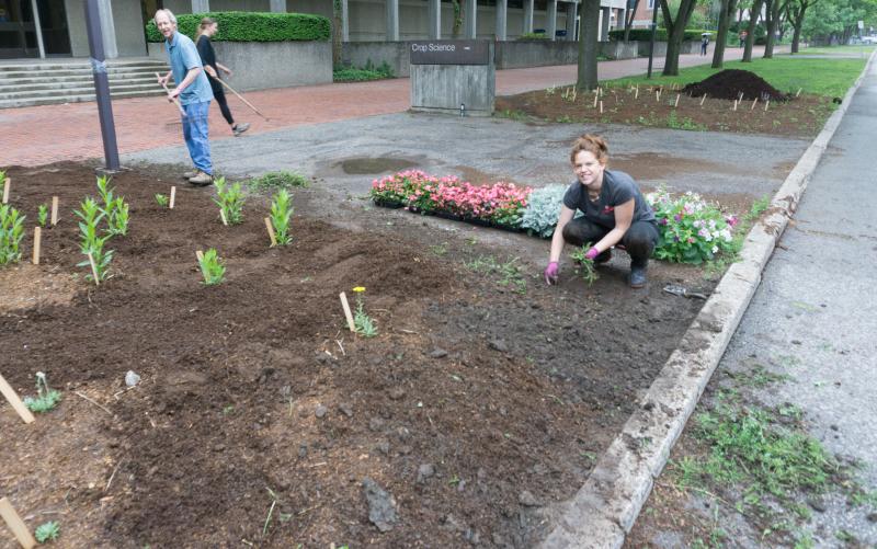 Planting flower beds in front of the Crop Science building
