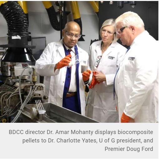 BDCC director Dr. Amar Mohanty displays biocomposite pellets to Dr. Charlotte Yates, U of G president, and Premier Doug Ford