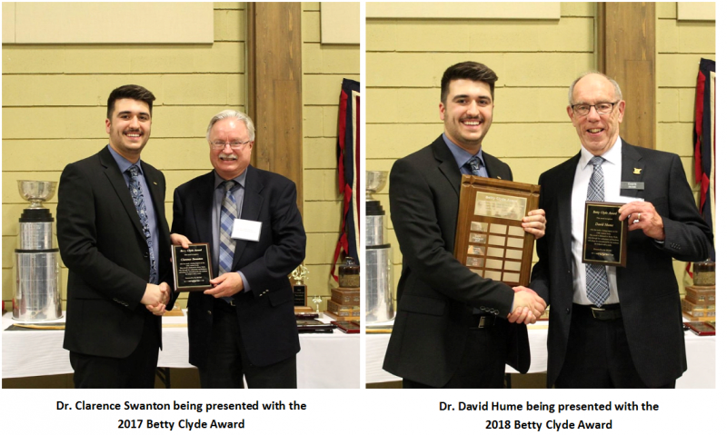 C. Swanton and D. Hume being presented with the 2017 and 2018 Betty Clyde Award respectively