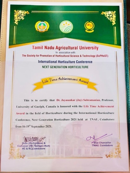 Life Time Achievement Award From Tamil Nadu Agricultural University