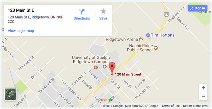 Google map locationf for Ridgetown Campus, UofG