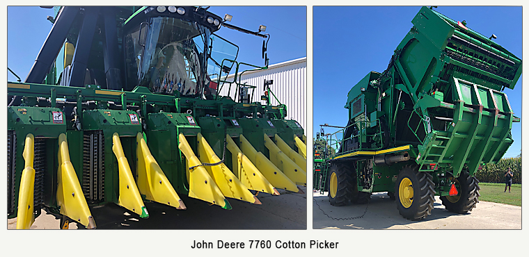 John Deere 7760 cotton picker, left view front; right view from rear