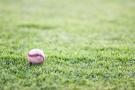 A well used baseball in the grass