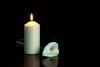 Lit cancle with white lily beside it