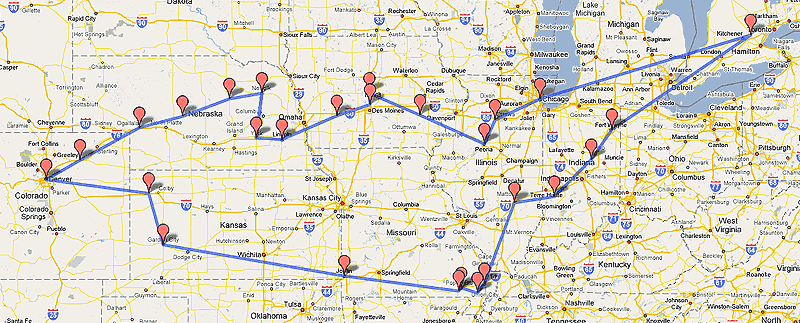 map of US mid west showing tour route